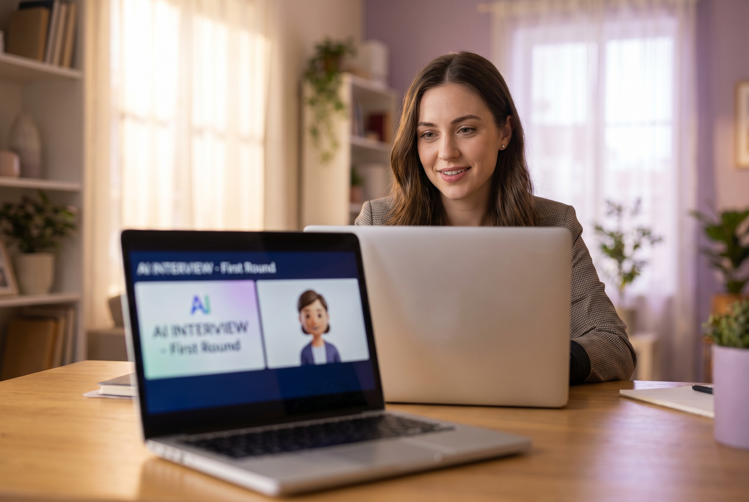A candidate taking a first-round AI video interview from home.