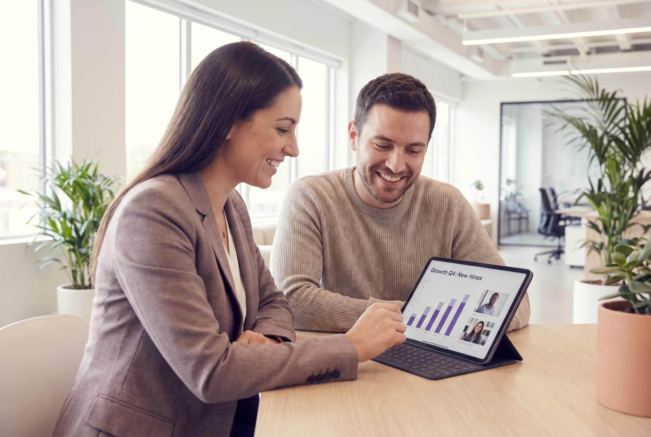Two hiring leaders reviewing strong hiring results together, pleased with the shortlist.