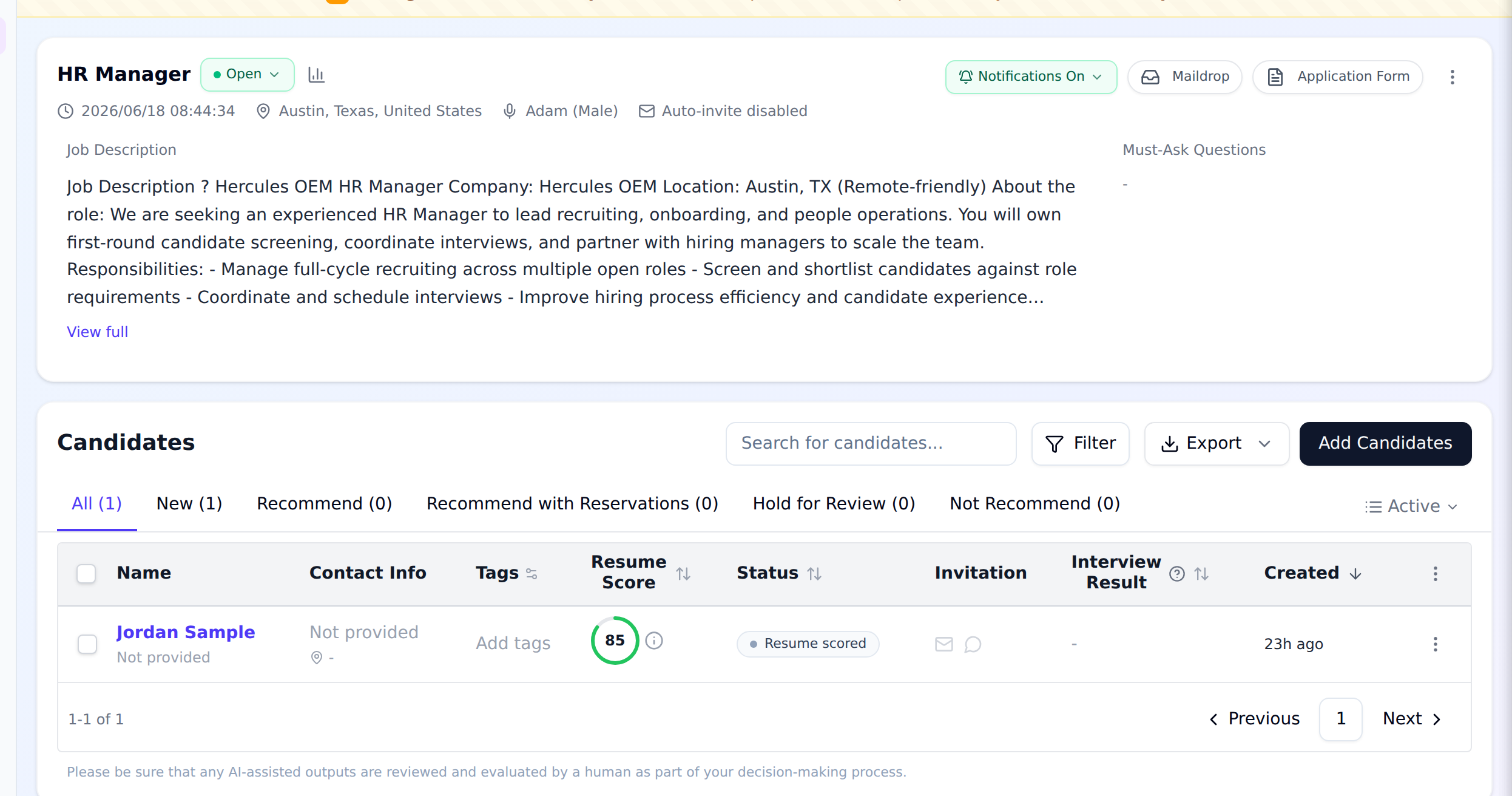 VeraHire candidate pipeline showing applicants with resume scores and status, ranked for a role.
